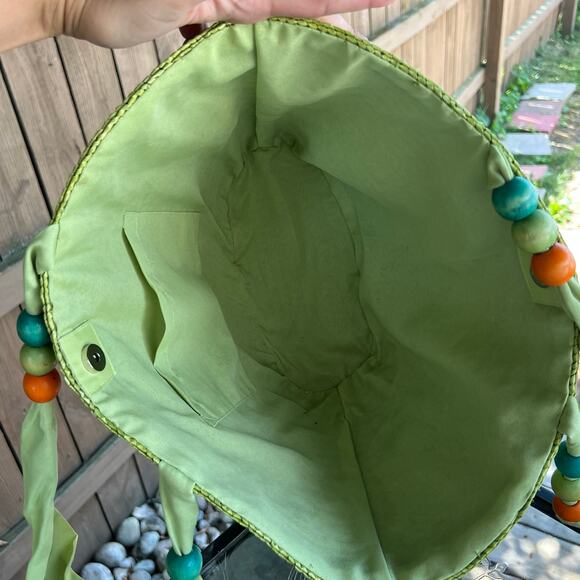 Green Ombre Woven Straw Beach Tote Bag with Beaded Handles Summer - Picture 3 of 8